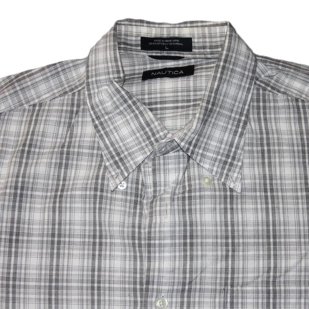 Nautica Shirt Mens L Gray Plaid Button Up Short Sleeve Pockets Cotton Modal